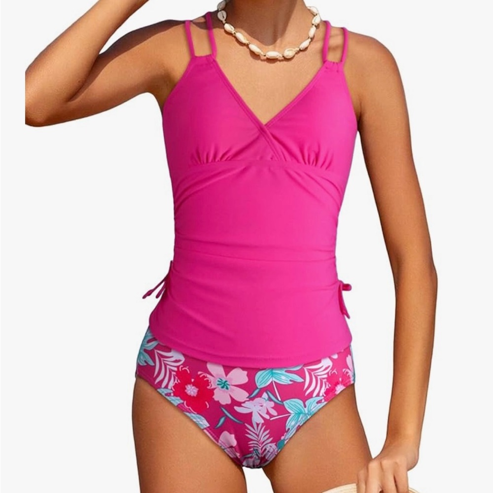 NWOT Vibrant Pink Floral Kids Bikini Set